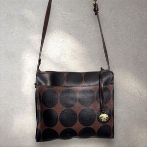 Brahmin Adjustable Crossbody‎ Bag Purse Brown Black Barcelona Polka Dot Circles